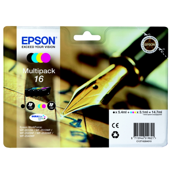 
	Epson Original T1626 (Series 16) Pack Of 4 (Black,Cyan,Magenta,Yellow)
